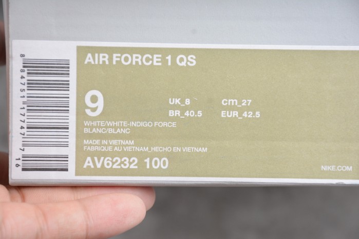 Nike Air Force 1 QS “Gingham Pack” White/Indigo Force AV6232-100